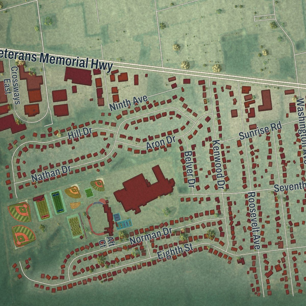 Second close-up of the map of Bohemia, New York print showing more streets and buildings