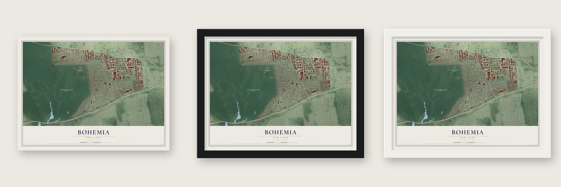 Bohemia, New York map unframed, in a black wood frame and in a white wood frame