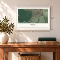 Bohemia, New York map, 12 x 18 inch print in a white frame in an entryway