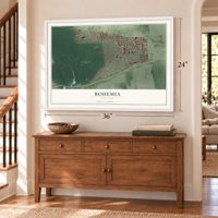 Bohemia, New York map, 24 x 36 inch print in a white frame above a dresser by a staircase