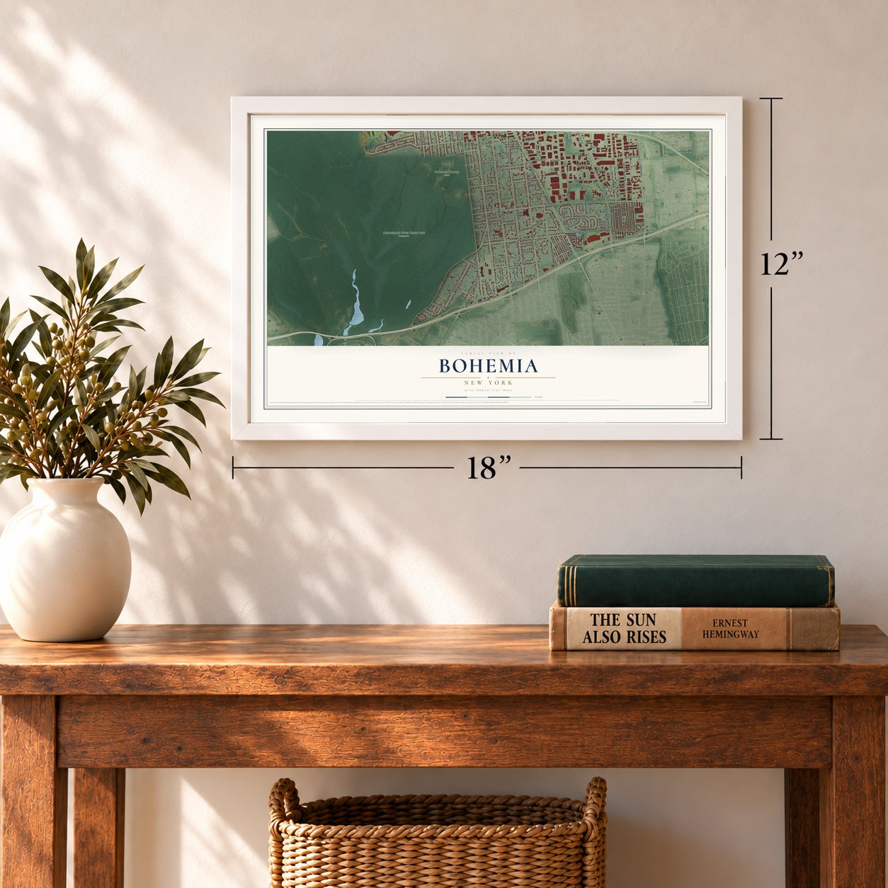 Bohemia, New York map, 12 x 18 inch print in a white frame in an entryway