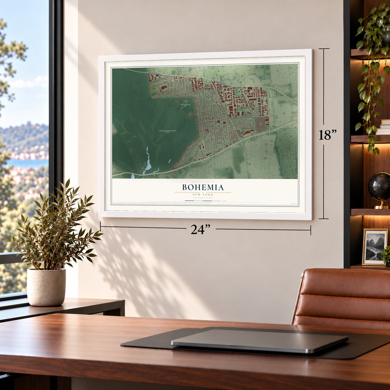 Bohemia, New York map, 18 x 24 inch print in a white frame in a home office