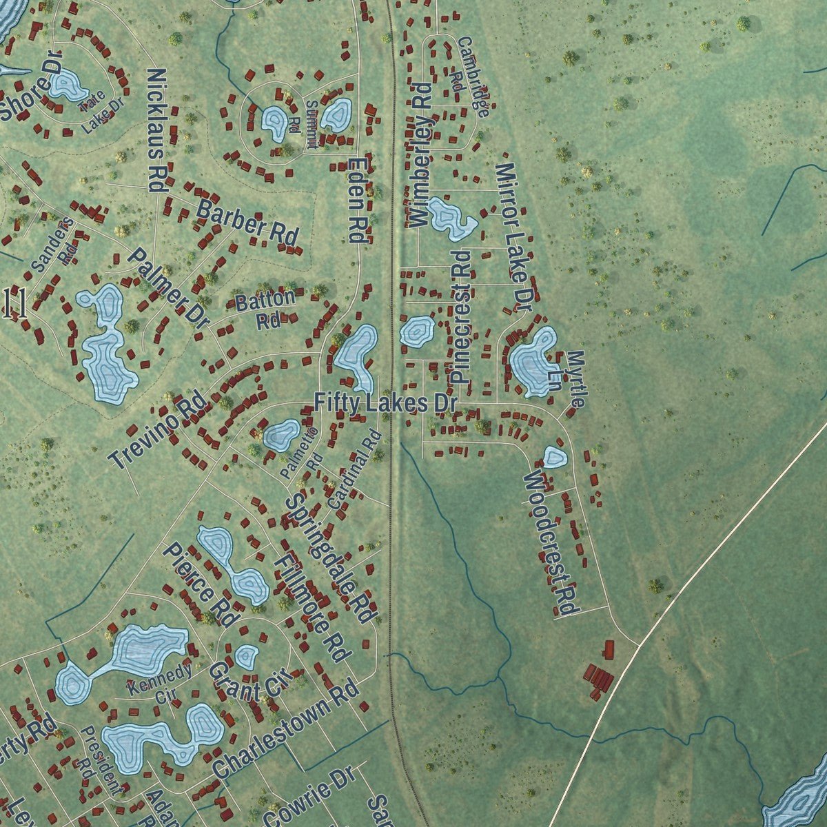 Second close-up of the map of Boiling Spring Lakes, North Carolina print showing more streets and buildings