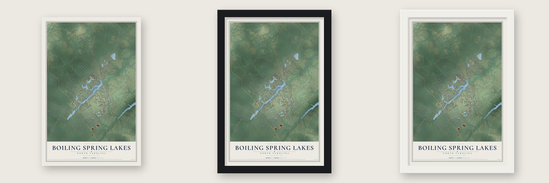 Boiling Spring Lakes, North Carolina map unframed, in a black wood frame and in a white wood frame