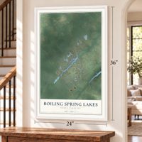 Boiling Spring Lakes, North Carolina map, 24 x 36 inch print in a white frame by a staircase