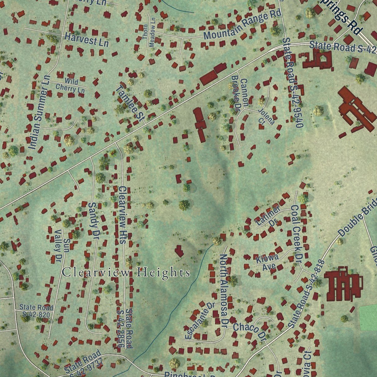 Second close-up of the map of Boiling Springs, South Carolina print showing more streets and buildings