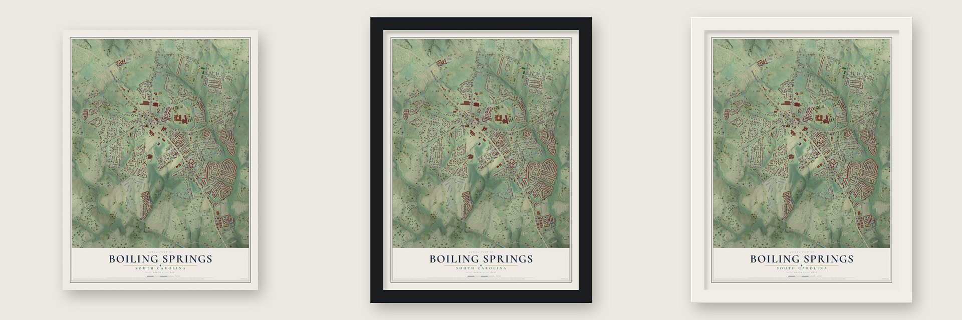 Boiling Springs, South Carolina map unframed, in a black wood frame and in a white wood frame