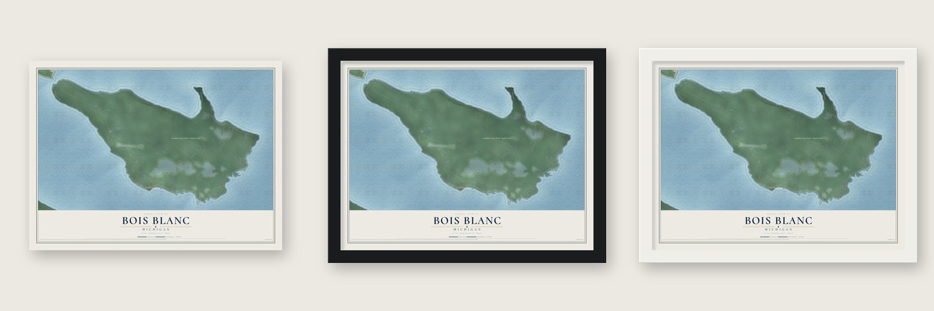 Bois Blanc, Michigan map unframed, in a black wood frame and in a white wood frame