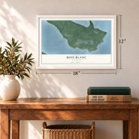 Bois Blanc, Michigan map, 12 x 18 inch print in a white frame in an entryway