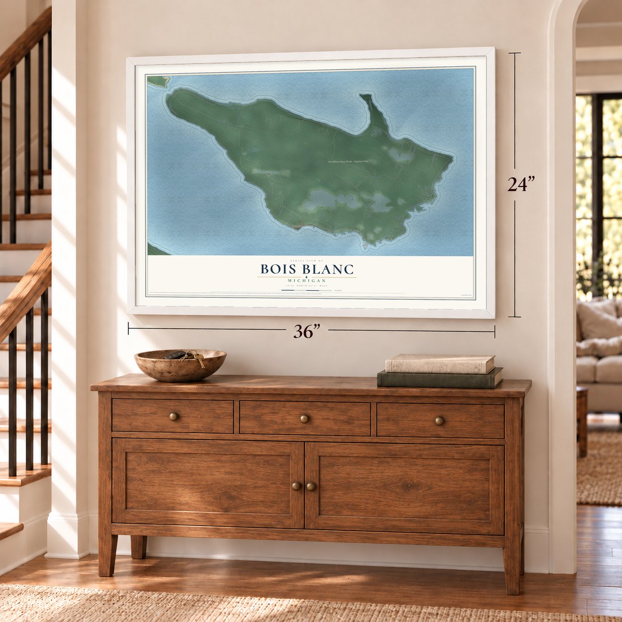 Bois Blanc, Michigan map, 24 x 36 inch print in a white frame above a dresser by a staircase