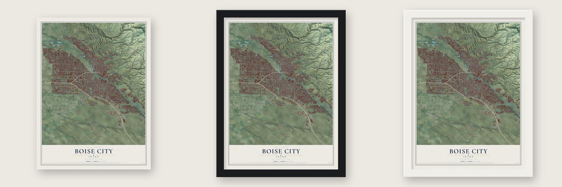 Boise City, Idaho map unframed, in a black wood frame and in a white wood frame