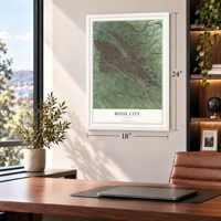 Boise City, Idaho map, 18 x 24 inch print in a white frame in a home office