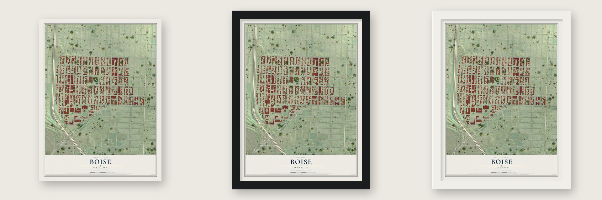 Boise, Oregon map unframed, in a black wood frame and in a white wood frame