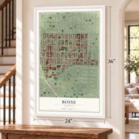 Boise, Oregon map, 24 x 36 inch print in a white frame by a staircase