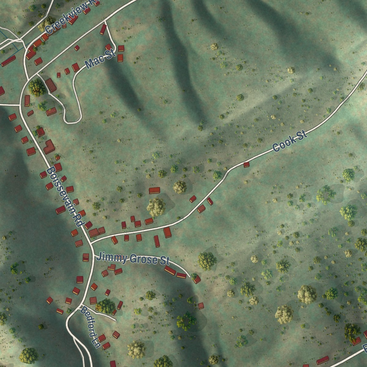 Second close-up of the map of Boissevain, Virginia print showing more streets and buildings