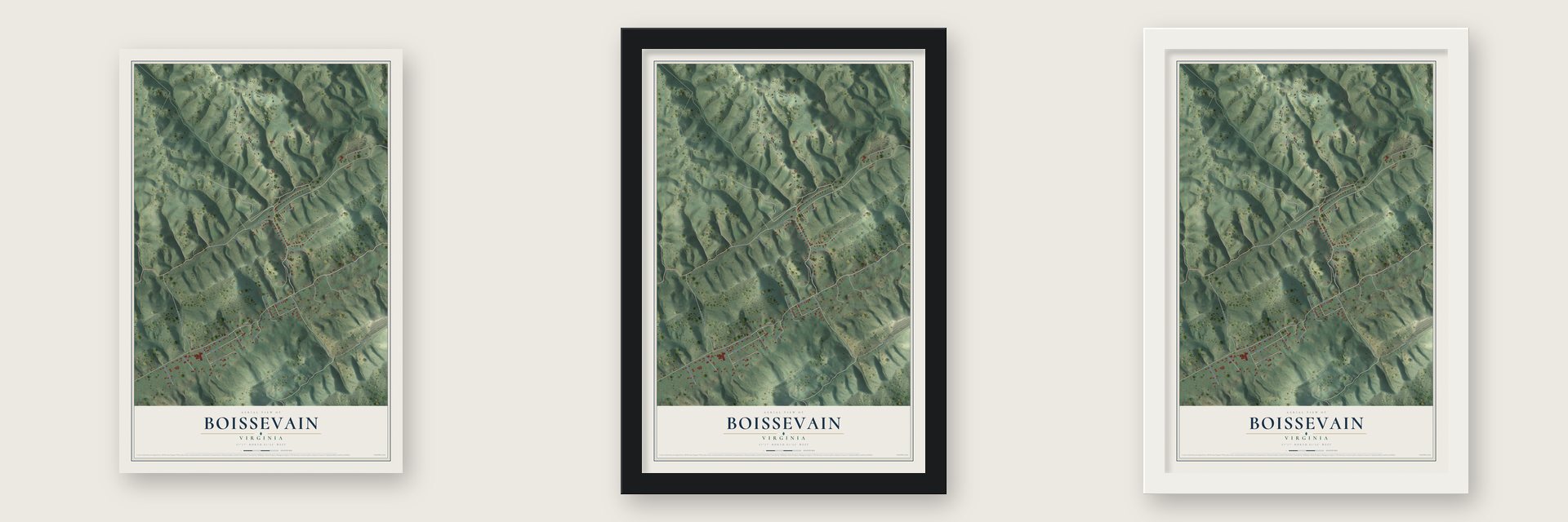 Boissevain, Virginia map unframed, in a black wood frame and in a white wood frame