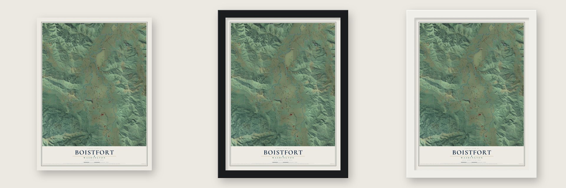 Boistfort, Washington map unframed, in a black wood frame and in a white wood frame