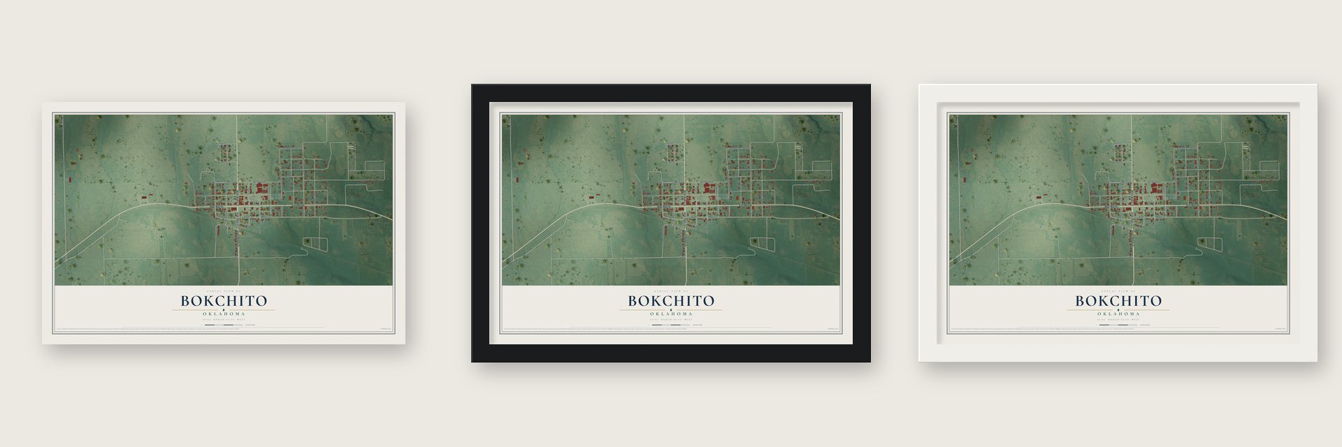Bokchito, Oklahoma map unframed, in a black wood frame and in a white wood frame