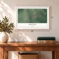 Bokchito, Oklahoma map, 12 x 18 inch print in a white frame in an entryway