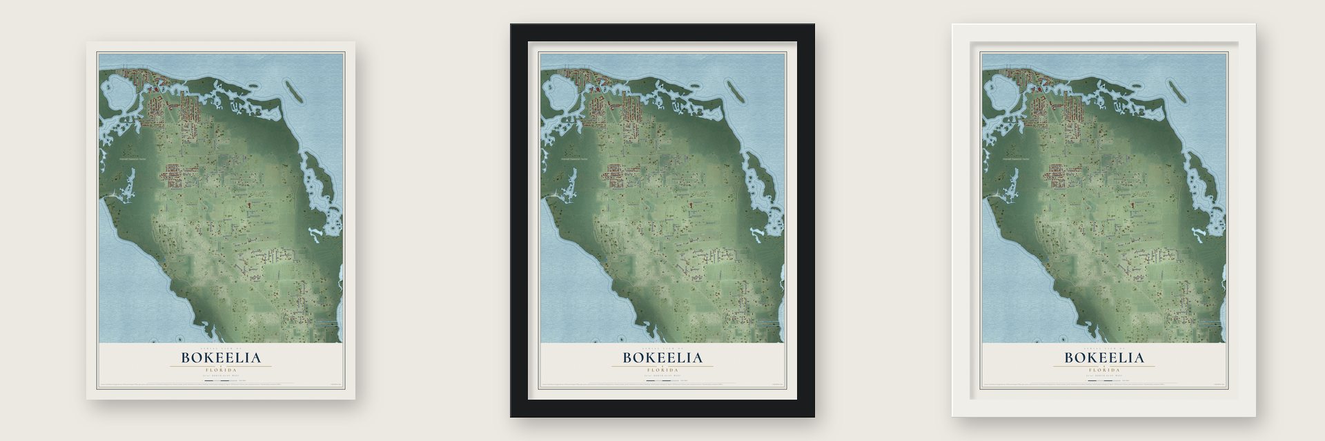 Bokeelia, Florida map unframed, in a black wood frame and in a white wood frame