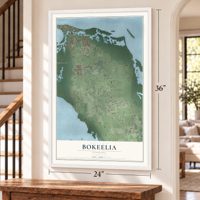 Bokeelia, Florida map, 24 x 36 inch print in a white frame by a staircase