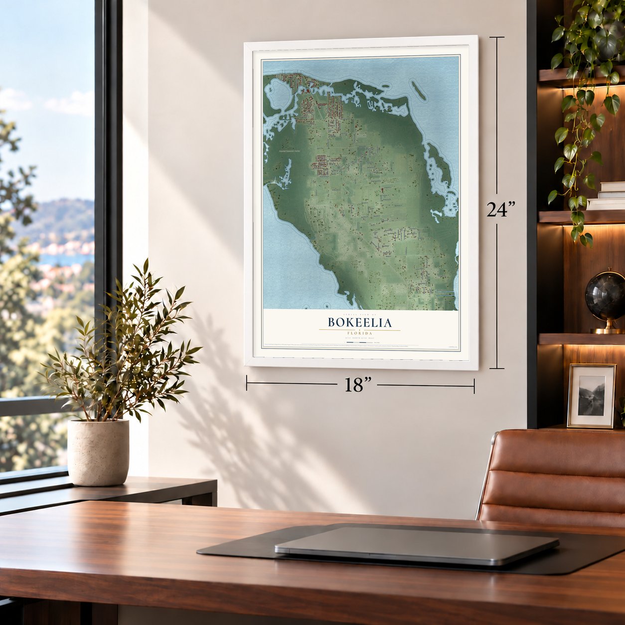 Bokeelia, Florida map, 18 x 24 inch print in a white frame in a home office