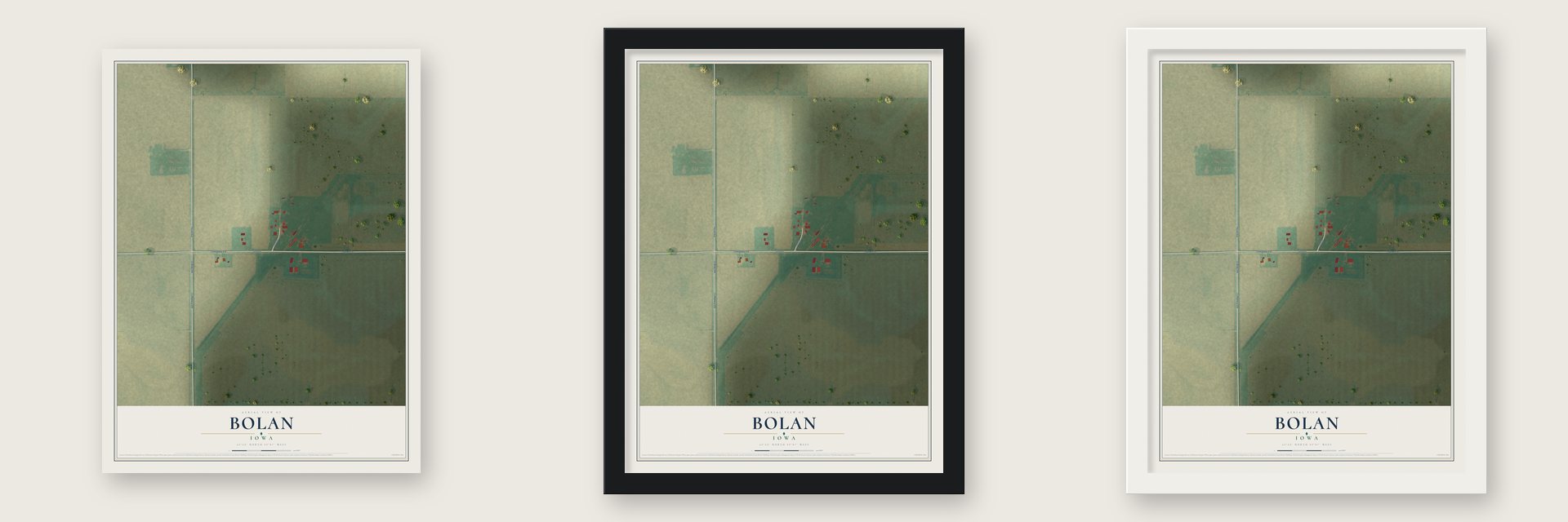 Bolan, Iowa map unframed, in a black wood frame and in a white wood frame