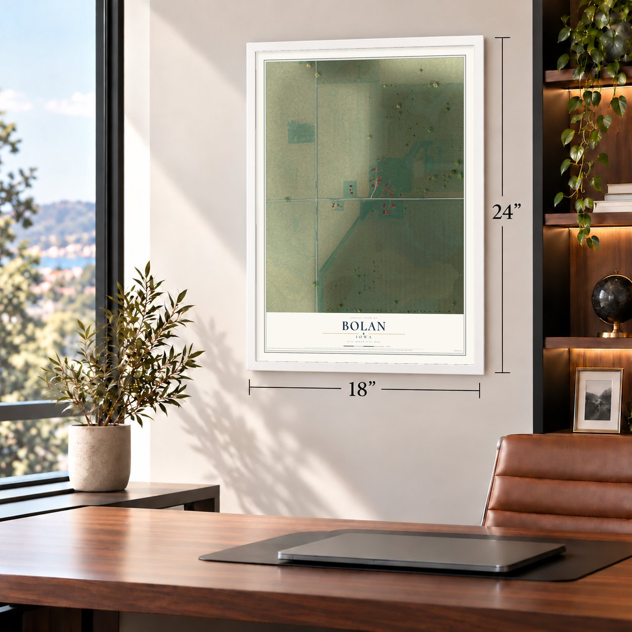 Bolan, Iowa map, 18 x 24 inch print in a white frame in a home office