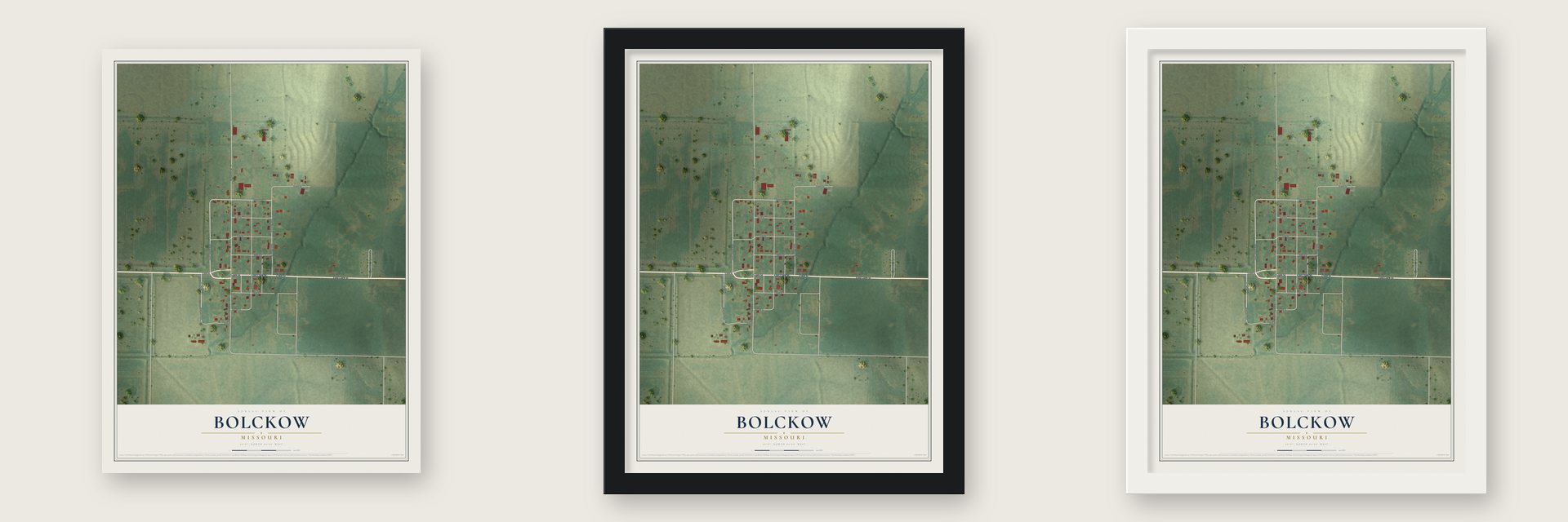 Bolckow, Missouri map unframed, in a black wood frame and in a white wood frame