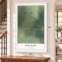 Bolckow, Missouri map, 24 x 36 inch print in a white frame by a staircase