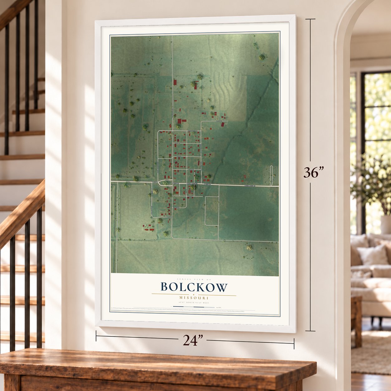 Bolckow, Missouri map, 24 x 36 inch print in a white frame by a staircase