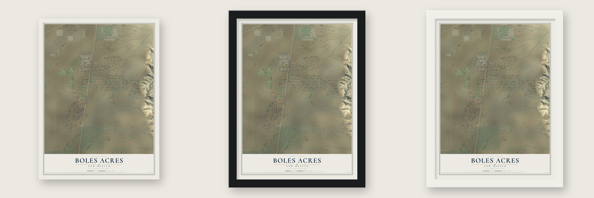 Boles Acres, New Mexico map unframed, in a black wood frame and in a white wood frame