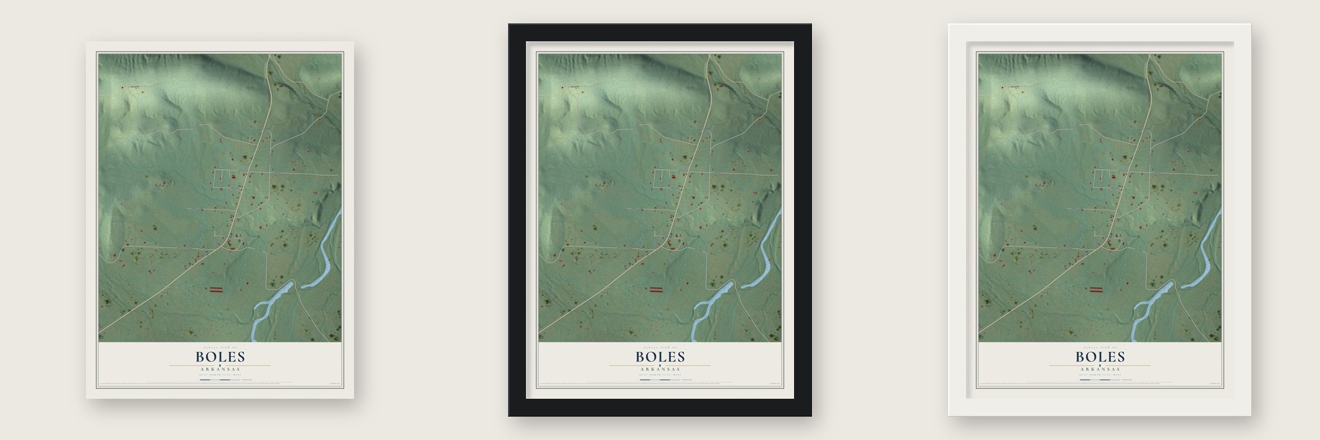 Boles, Arkansas map unframed, in a black wood frame and in a white wood frame