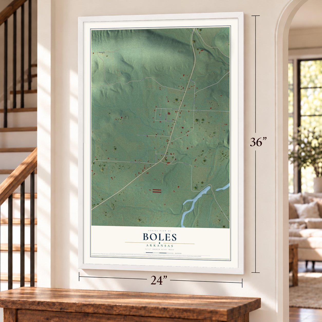 Boles, Arkansas map, 24 x 36 inch print in a white frame by a staircase