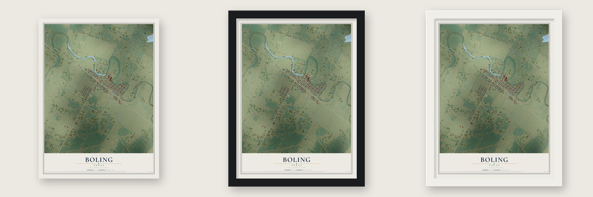 Boling, Texas map unframed, in a black wood frame and in a white wood frame