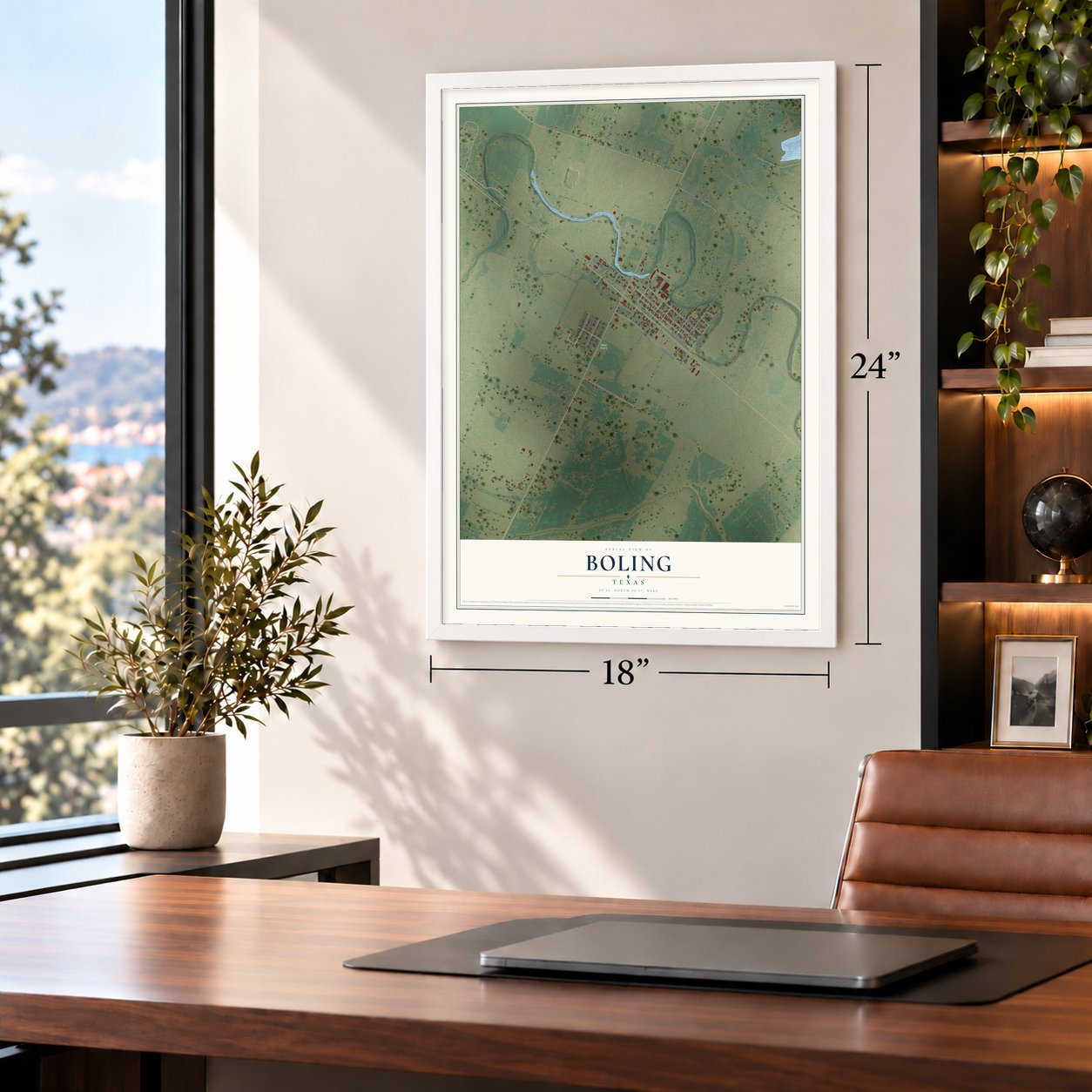Boling, Texas map, 18 x 24 inch print in a white frame in a home office