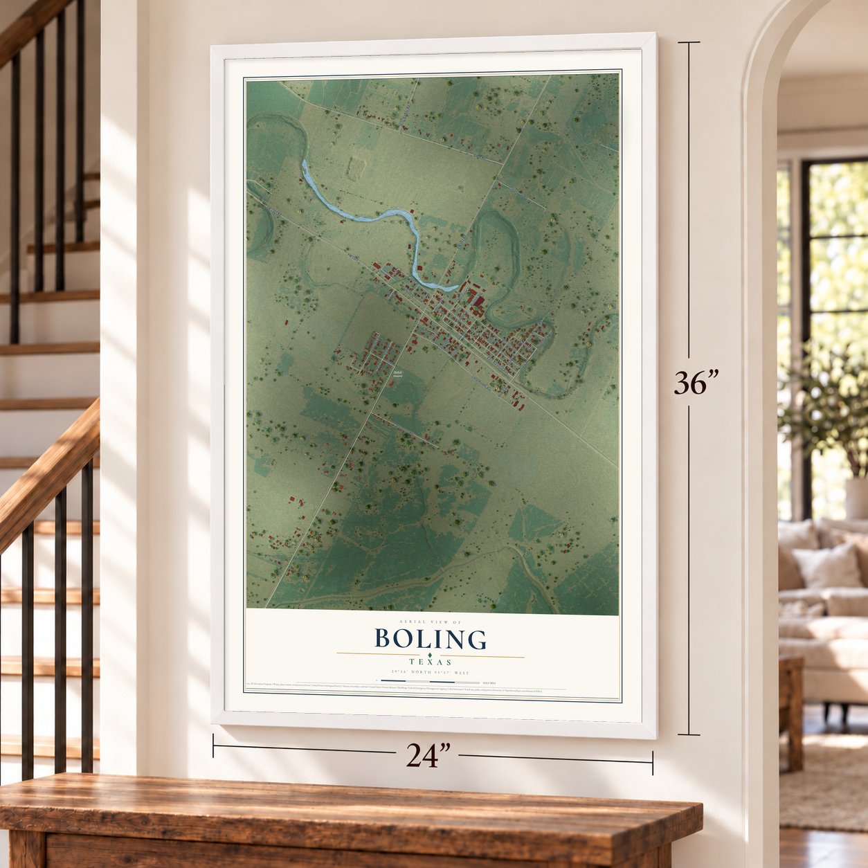 Boling, Texas map, 24 x 36 inch print in a white frame by a staircase