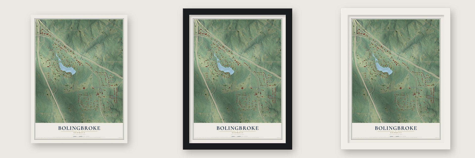 Bolingbroke, Georgia map unframed, in a black wood frame and in a white wood frame