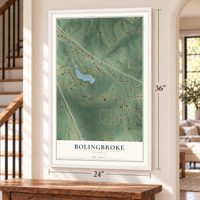 Bolingbroke, Georgia map, 24 x 36 inch print in a white frame by a staircase