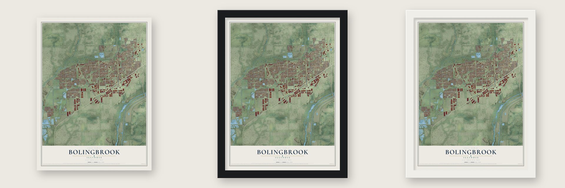 Bolingbrook, Illinois map unframed, in a black wood frame and in a white wood frame
