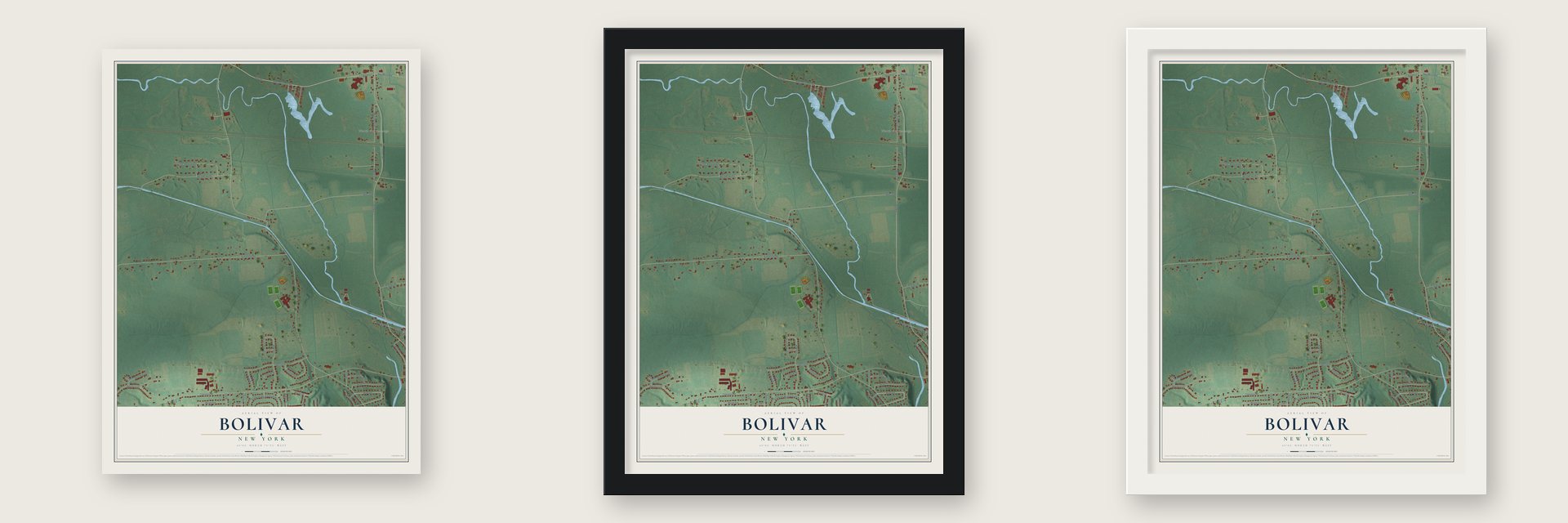 Bolivar, Madison County, New York map unframed, in a black wood frame and in a white wood frame