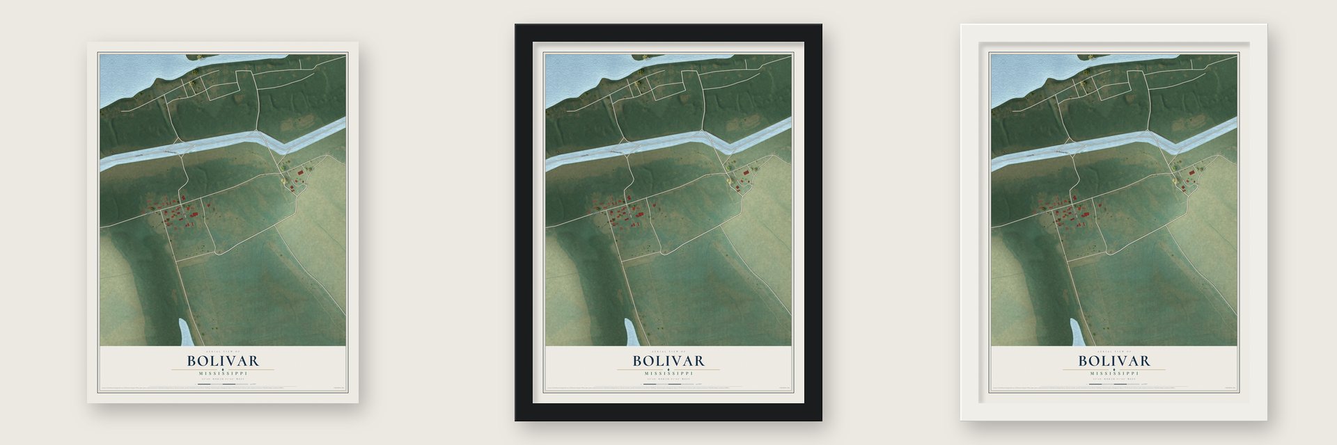 Bolivar, Mississippi map unframed, in a black wood frame and in a white wood frame