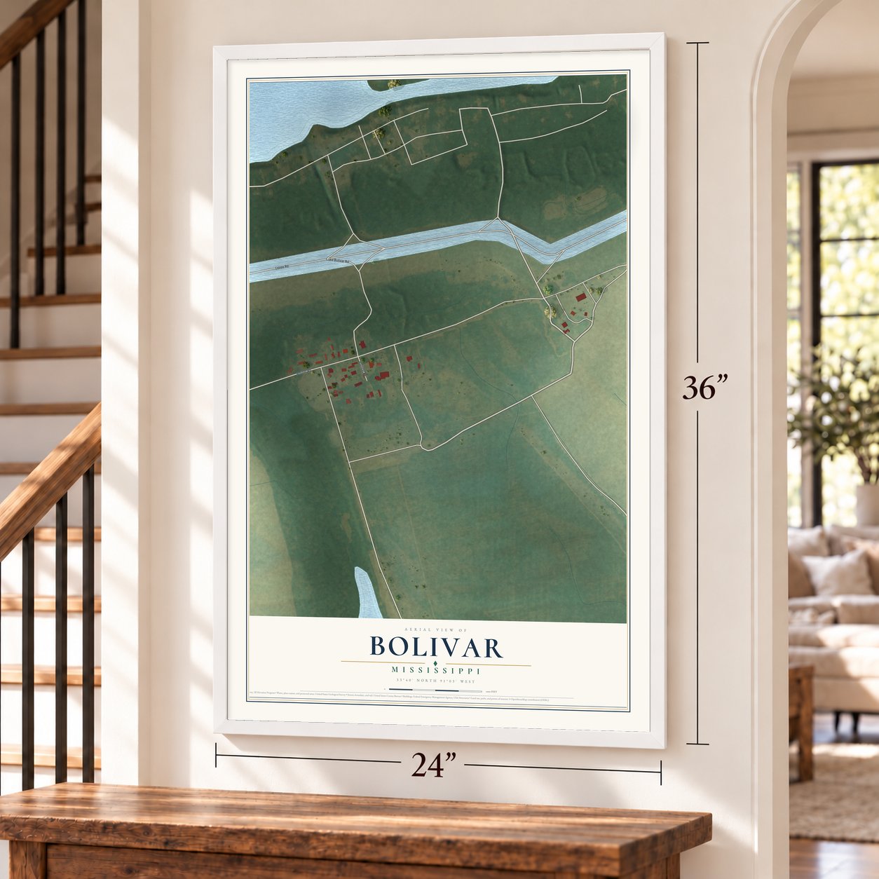 Bolivar, Mississippi map, 24 x 36 inch print in a white frame by a staircase