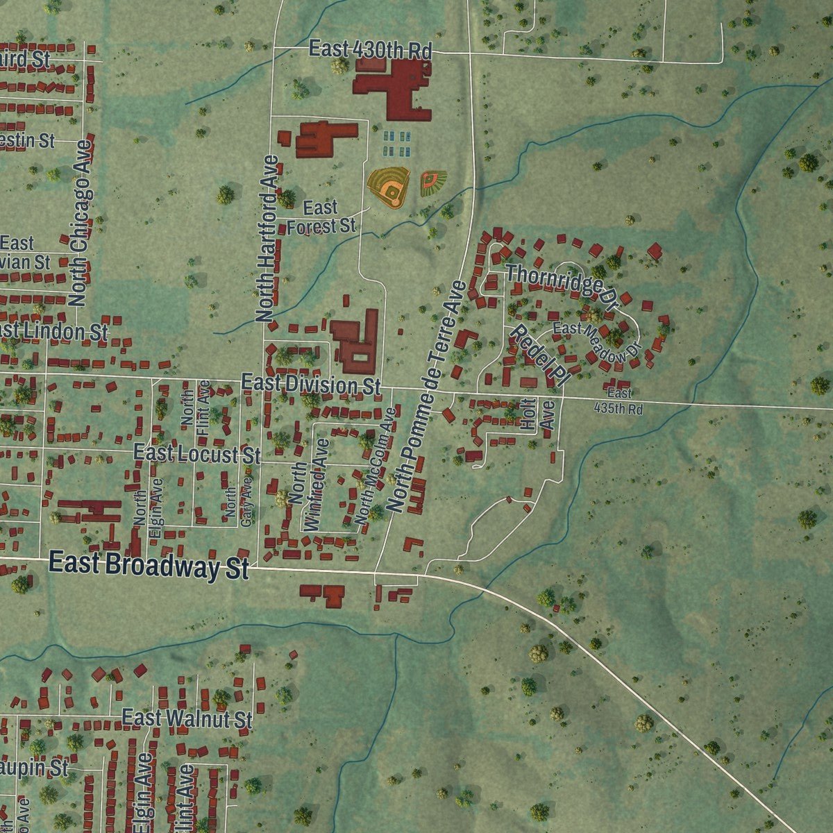 Second close-up of the map of Bolivar, Missouri print showing more streets and buildings