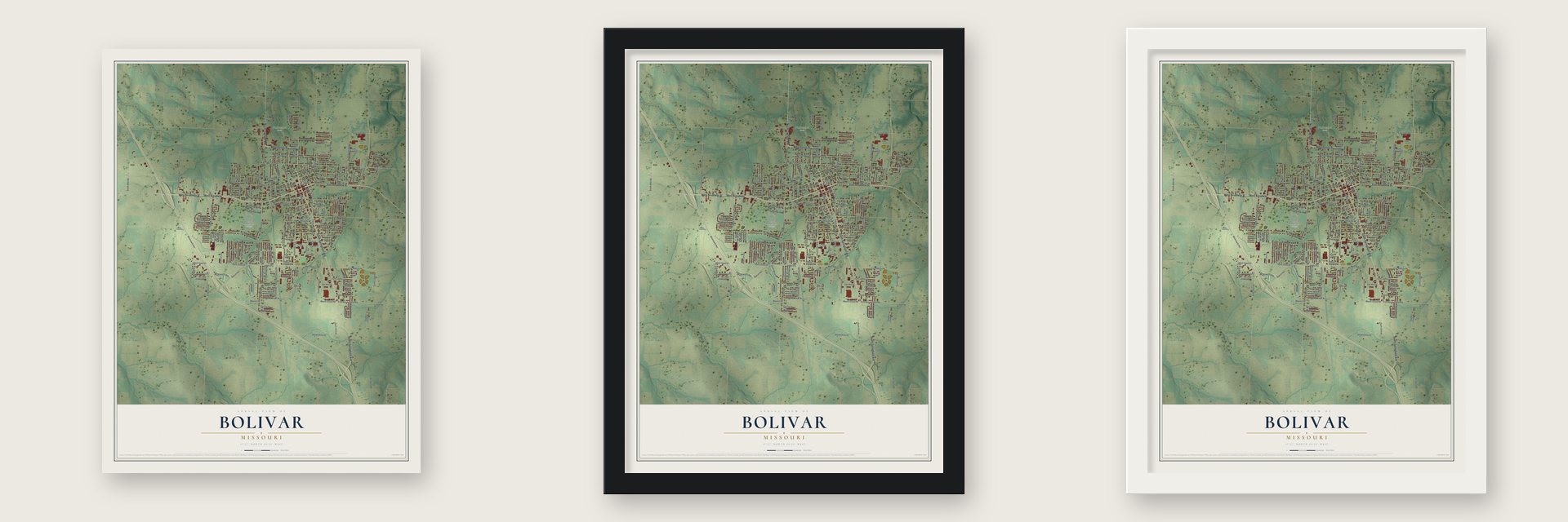 Bolivar, Missouri map unframed, in a black wood frame and in a white wood frame