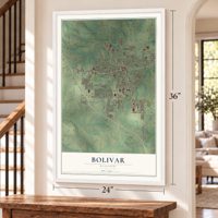 Bolivar, Missouri map, 24 x 36 inch print in a white frame by a staircase
