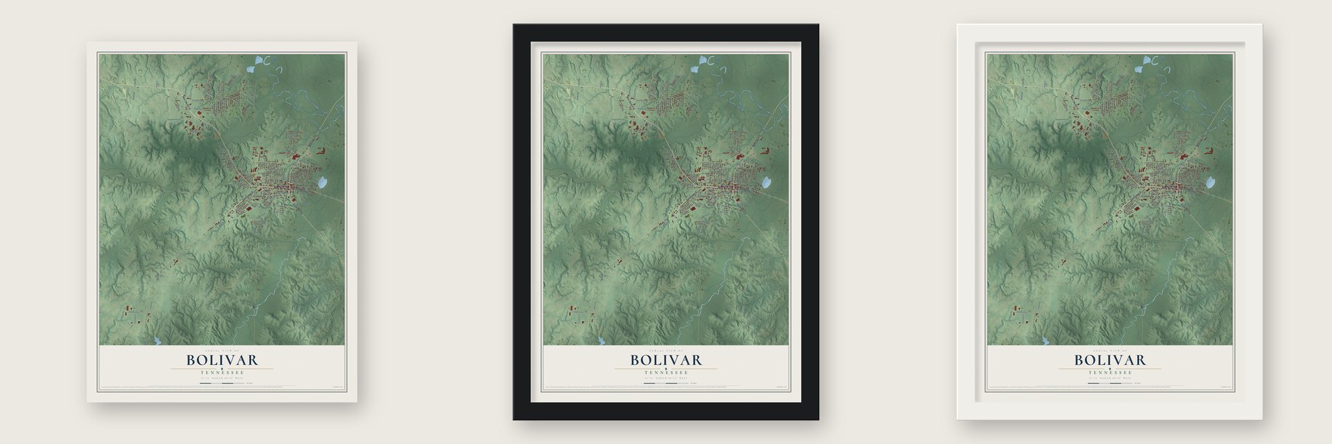 Bolivar, Tennessee map unframed, in a black wood frame and in a white wood frame