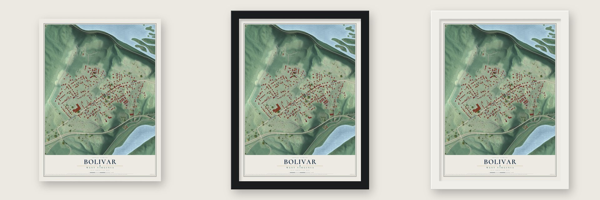 Bolivar, West Virginia map unframed, in a black wood frame and in a white wood frame