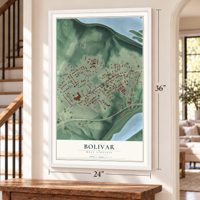 Bolivar, West Virginia map, 24 x 36 inch print in a white frame by a staircase