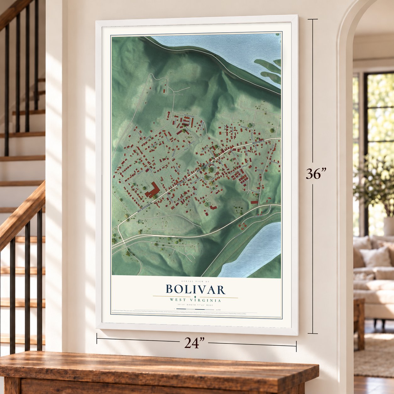 Bolivar, West Virginia map, 24 x 36 inch print in a white frame by a staircase